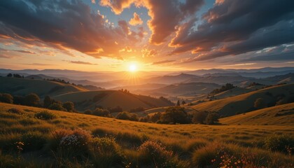 Fototapeta premium Serene Sunset Over Rolling Hills with Colorful Sky and Clouds