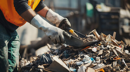 Obraz premium Worker Sorting Waste at Recycling Facility