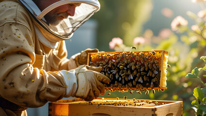 Close up view. Beekeeper works with honeycomb full of bees outdoors at sunny day 

