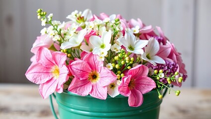 Fototapeta premium Delicate Blooms in a Green Metal Bucket: Pink, White, and Cyan Flowers