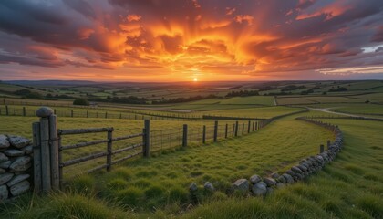 Obraz premium Breathtaking Sunset Over Rolling Hills with Dramatic Cloud Colors