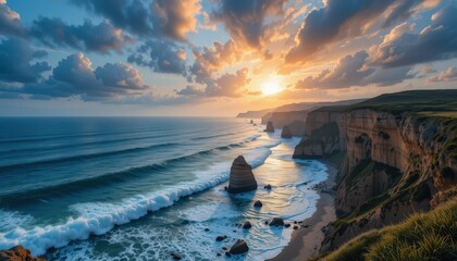 Obraz premium Dramatic Sunset Over Ocean Cliffs and Waves on a Serene Coastline