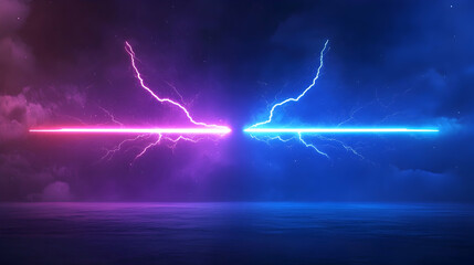 Clashing Neon Lights and Energy Beams over Dark Water