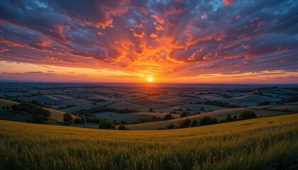 Fototapeta premium Breathtaking Sunset Over Lush Green Fields and Rolling Hills