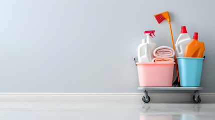 Cleaning Supplies in Pink and Blue Buckets on a Cart Against a Grey Wall