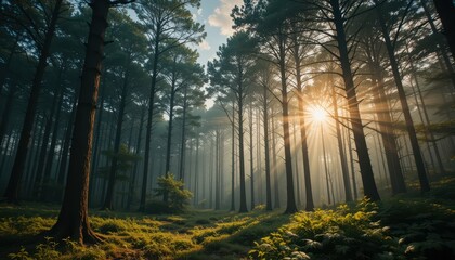Obraz premium Sunlight Streaming Through Trees in a Misty Forest Landscape