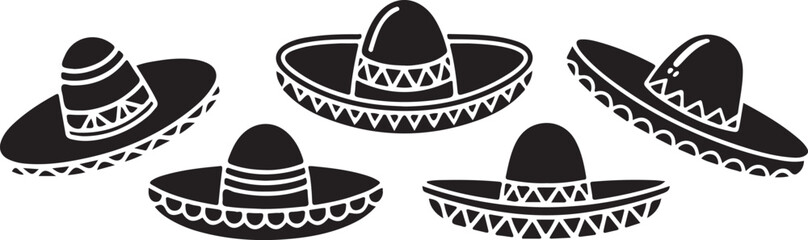 Five Black Sombrero Hats in Different Angles