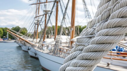 Obraz premium Close-Up of Rope Knots on a Sailboat in Tranquil Harbor Setting