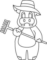 Hippo Farmer Rake Animal Vector Graphic Art Illustration