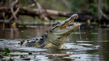 Fototapeta premium A crocodile rises from the water, its jaws open, with a striking display of its teeth. The scene is a vibrant display of wildlife and raw power