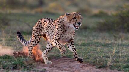 A cheetah running swiftly in a grassy landscape, embodying the essence of speed and grace. It has a spotted coat, its gaze fixed ahead.