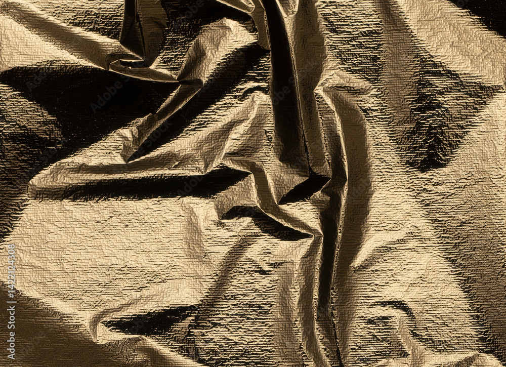 Poster Gold foil fabric background with a sleek, crumpled texture. Shiny, soft surface with elegant folds, reflecting light and creating a warm, metallic glow. Stylish design with a luxurious sheen and.