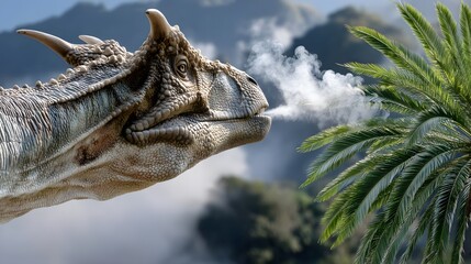 Prehistoric Dinosaur Exhaling Steam Close up Profile View Against Lush Tropical Foliage