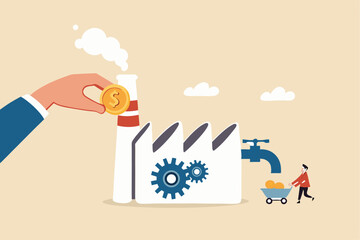 Manufacturing or production to earn profit, industry or factory, make money machine or manufacture concept, businessman put money into factory to earn more profit from production.