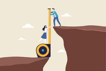 Gap analysis, measuring resources and strategy to reach target, comparison between current state, challenge and obstacle to overcome to success concept, business people measuring gap between cliff.
