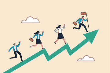 Performance management, employee rating appraisal or review, career growth or plan for improvement, career development concept, businessman and woman employees running up performance graph and chart.