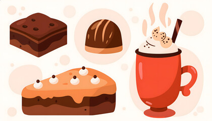 Flat vector illustration set of chocolate desserts – brownie, truffle, cake, hot cocoa