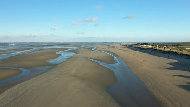 Aerial view of the immense Utah Beach in Europe, France, Normandy, towards Carentan, in spring, on a sunny day.&nbsp;