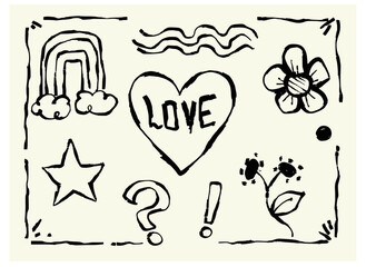 Set of hand-drawn doodles including heart, rainbow, flower, star, exclamation, and question mark. Fun and expressive sketch style for creative and youthful designs.