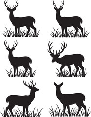 Collection of Five Black Deer Silhouettes in Grass