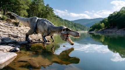 Fototapeta premium Tyrannosaurus Rex Dinosaur Drinking by Lake in Forest Prehistoric Scene