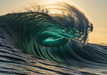 Huge powerful ocean wave with dramatic green curl cresting at golden sunset