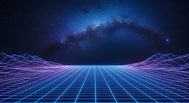 Binary code on a blue fractal grid evokes a technological space with light lines in motion against a dark backdrop
