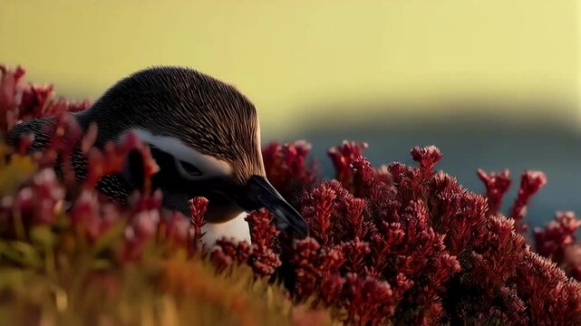 Little Penguin Resting Amongst Red Flowers at Sunrise