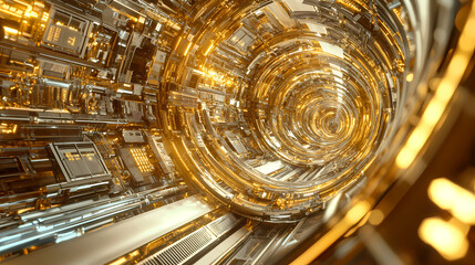 Fototapeta premium A mesmerizing, futuristic tunnel composed of intricate metallic structures, glowing in golden hues, suggesting advanced technology and endless possibilities.