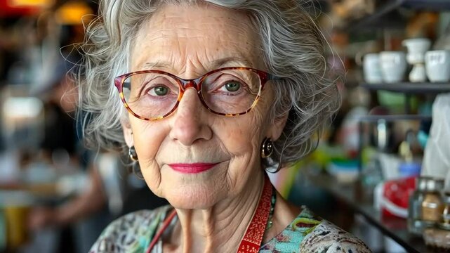 Close-up portrait of an older woman with gray hair and tortoiseshell glasses in a bright, casual setting