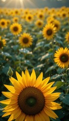 Naklejka premium Vibrant Sunflower Field at Sunrise with Soft Morning Light