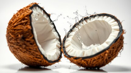 Fresh coconut halves with splashing water showcasing healthy tropical fruit