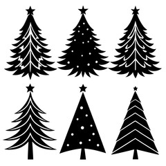 Obraz premium Silhouette-style Christmas icon set with holiday elements such as stockings, trees, snowflakes, and ribbons for seasonal designs.