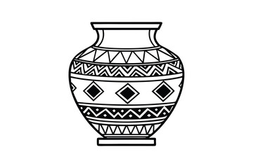 Black and white line art drawing of an ancient pottery decorative vase.eps