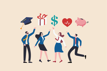 Employee benefits and compensation for staff advantage, reward or bonus payment to motivate employee concept, business people with benefits, scholarship, bonus, salary increase and health insurance.