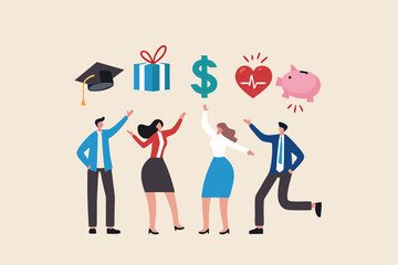 Employee benefits and compensation for staff advantage, reward or bonus payment to motivate employee concept, business people with benefits, scholarship, bonus, salary increase and health insurance.