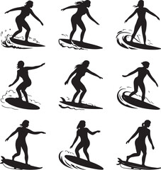 Nine Silhouettes of Female Surfers Riding Waves