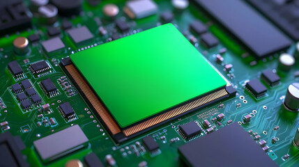 Close Up Green Microchip on Circuit Board