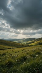 Obraz premium Serene Green Hills Under Dramatic Cloudy Sky with Sun Rays