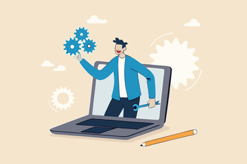 Support staff help fixing technical problem, help desk or operator with phone call or chat to assist customer concept, helpful man with headset talking with customer help solve computer problem.