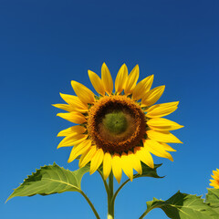 Naklejka premium raw image of a Vibrant sunflower with bright yellow petals against a clear blue sky, creating a striking and serene natural scene. 