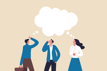 Thinking the same idea, colleagues brainstorming with identical thought, think together planning for business goal or success concept, thoughtful business people brainstorm with same thinking bubble.