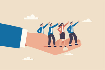 Company culture or employees sharing the same value, goals and attitude to make up organization and corporate success concept, business people employees pointing to the same goal in company hand.