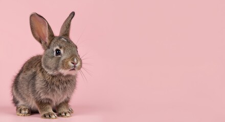 Rabbit sitting curiously against a pink background  