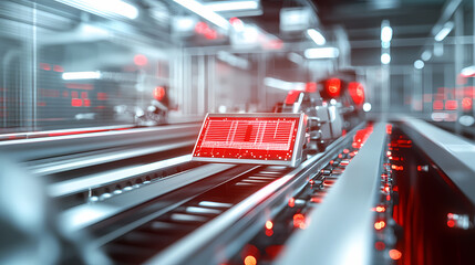 A futuristic industrial scene showcasing automated machinery and digital displays, with vibrant red and metallic elements emphasizing a high-tech environment.