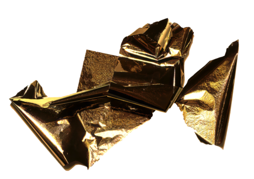 Gold foil folded into sharp, angular, geometric shapes creates a modern, abstract design. Shiny, reflective surface with torn, frayed edges. Isolated on white.. - Powered by Adobe