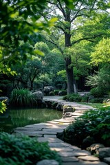arafed walkway in a park with a pond and trees