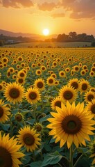 Obraz premium Majestic Sunflower Field at Sunset with Vibrant Yellow Blooms
