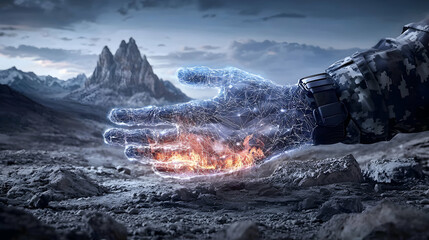 Naklejka premium A digital hand with fire glowing. The image features a mountain landscape. Suggesting advanced technology or elemental power.