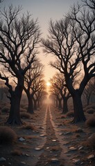 Serene Pathway Surrounded by Bare Trees at Sunset in Autumn